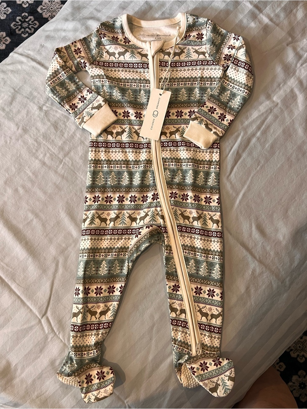 COLORED ORGANICS Green & Cream Holiday Fair Isle Baby Sleeper - 6-12 months